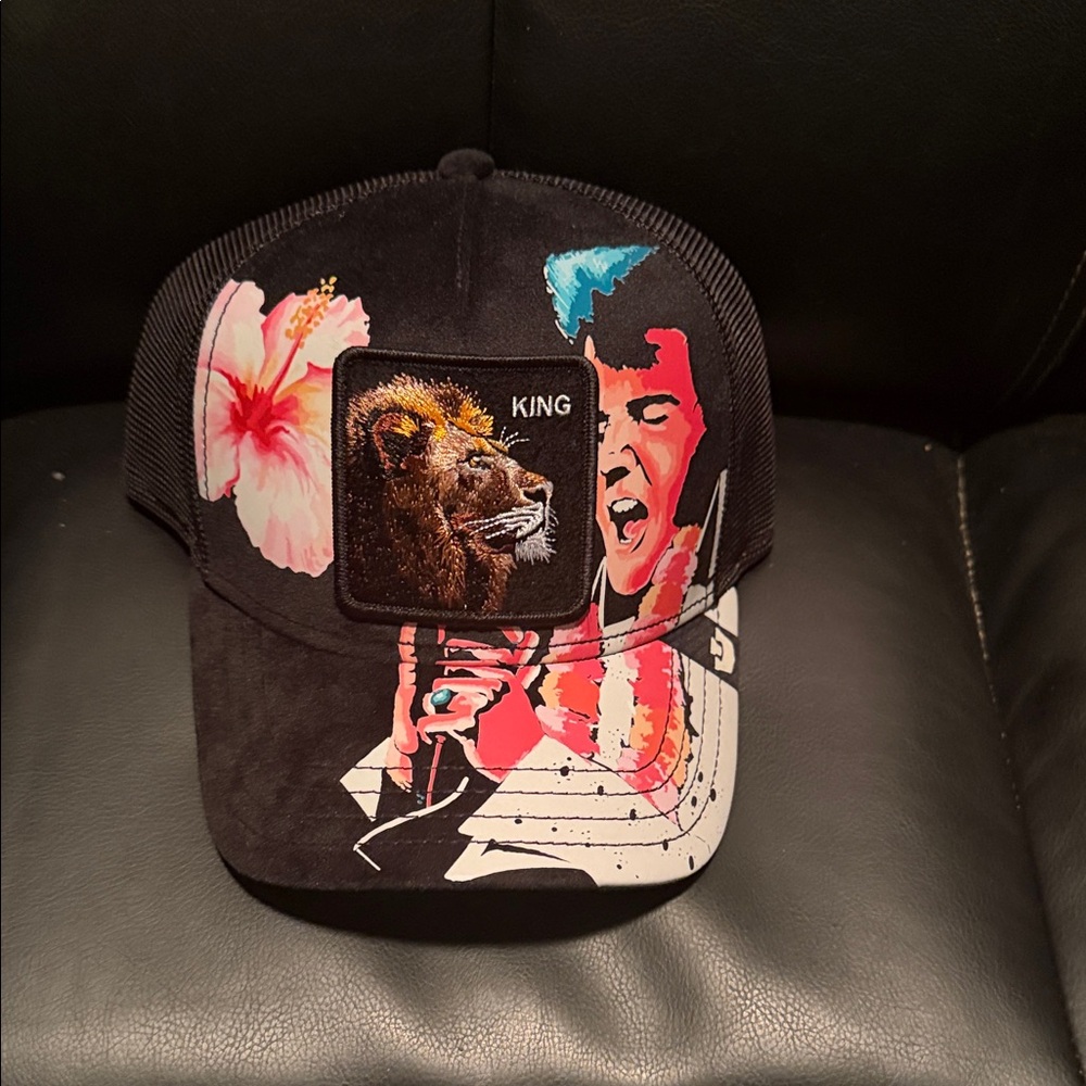 Black Trucker Hat with Lion 'KING' Patch and Elvis Presley graphics